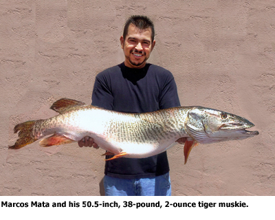 Marcos Mata and his 50.5-inch, 38-pound, 2-ounce record tiger muskie.