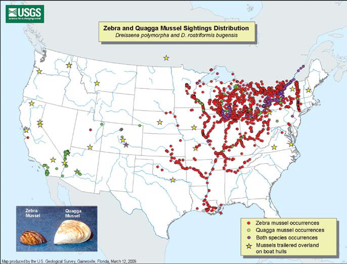 Invasive mussel distribution US map from New Mexico  Wildlife Curriculum lesson on aquatic aliens.