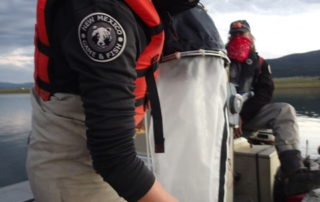 Biologists collecting zooplankton (small freshwater crustaceans that fish like Rainbow Trout rely on as a food source) samples as part of our research in 2020. (Photo by Colleen Caldwell)