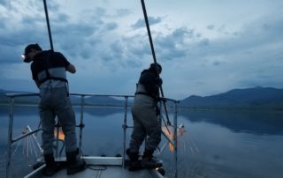 Biologists boat electrofishing at Eagle Nest Lake at sundown. Electrofishing temporarily stuns fish so that we may catch, measure and weigh them. We monitor the electrical output and fish response to ensure fish like Rainbow Trout are not killed during our surveys.